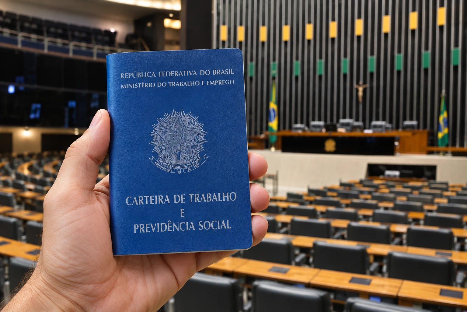 Mão segura uma carteira de trabalho azul com o Congresso Nacional ao fundo