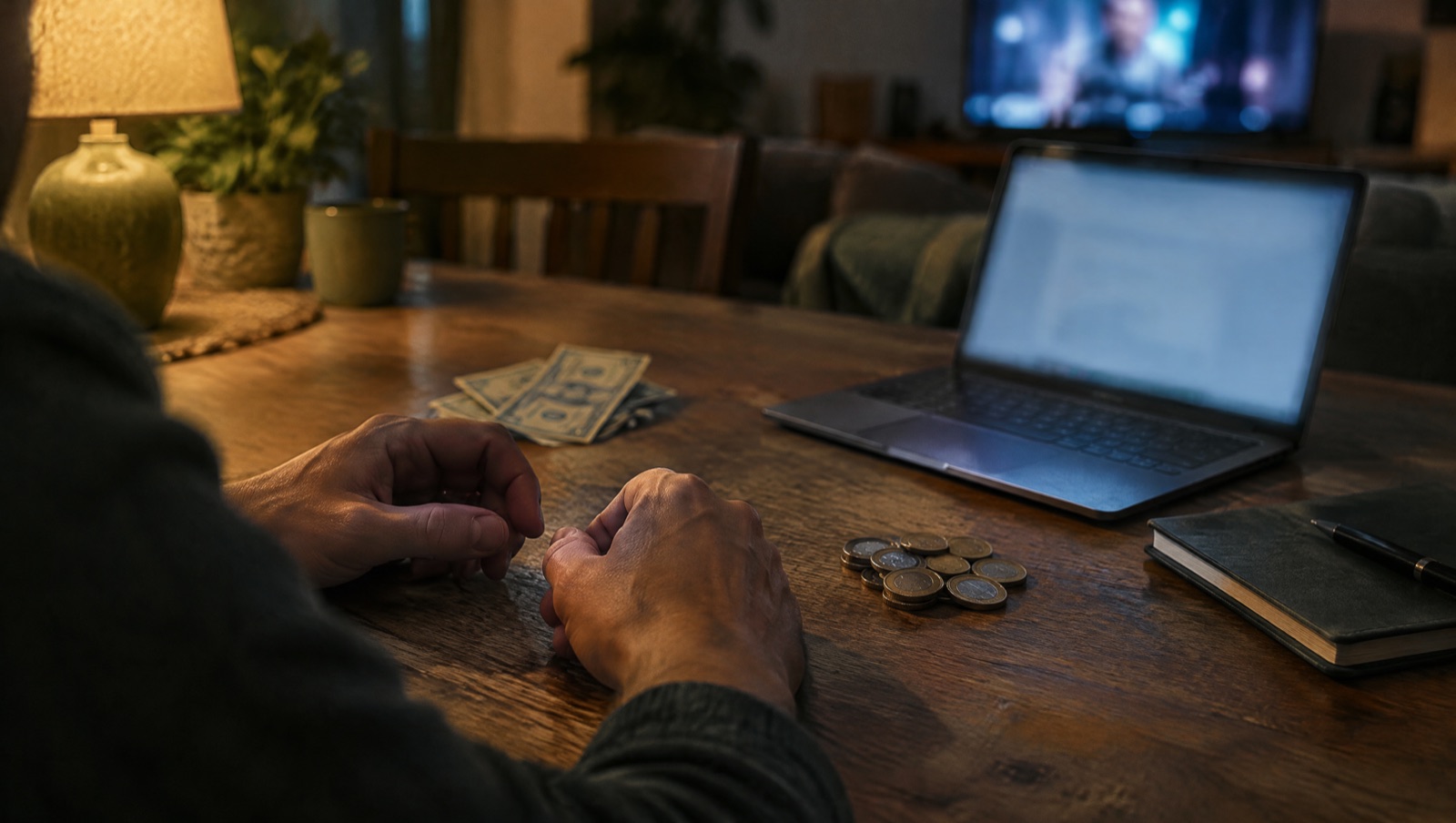 Imagem ilustrativa gerada por IA: mãos de uma pessoa à mesa, à noite, diante de cédulas de dólar, moedas de real e um notebook com a tela desfocada, representando a escolha entre investimentos na semana do 2º turno.