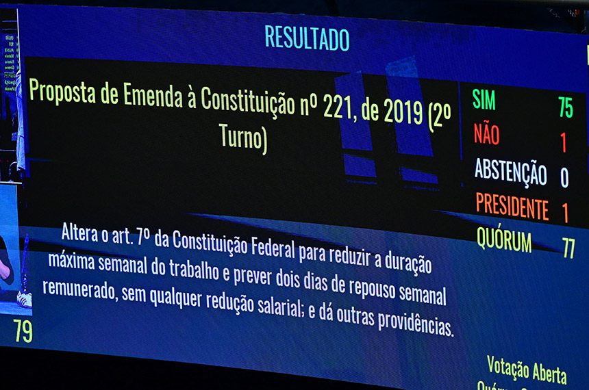 Painel do Plenário do Senado mostra o resultado da votação da PEC 221/2019 em segundo turno: 75 votos a favor e um contrário.