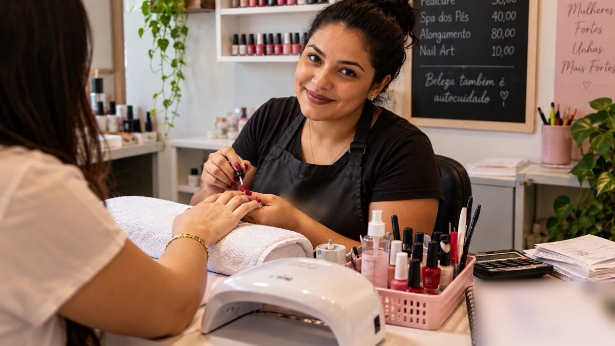 Manicure pinta as unhas de uma cliente na bancada de um pequeno salão de beleza.